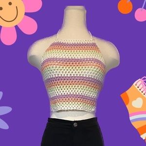 BP Nordstrom Crochet Halter Top Cropped White Knit Purple Striped Cotton